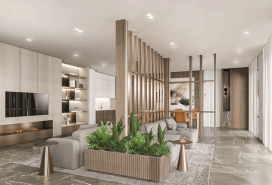 A rendering of the lobby at 375 Dean Street.
